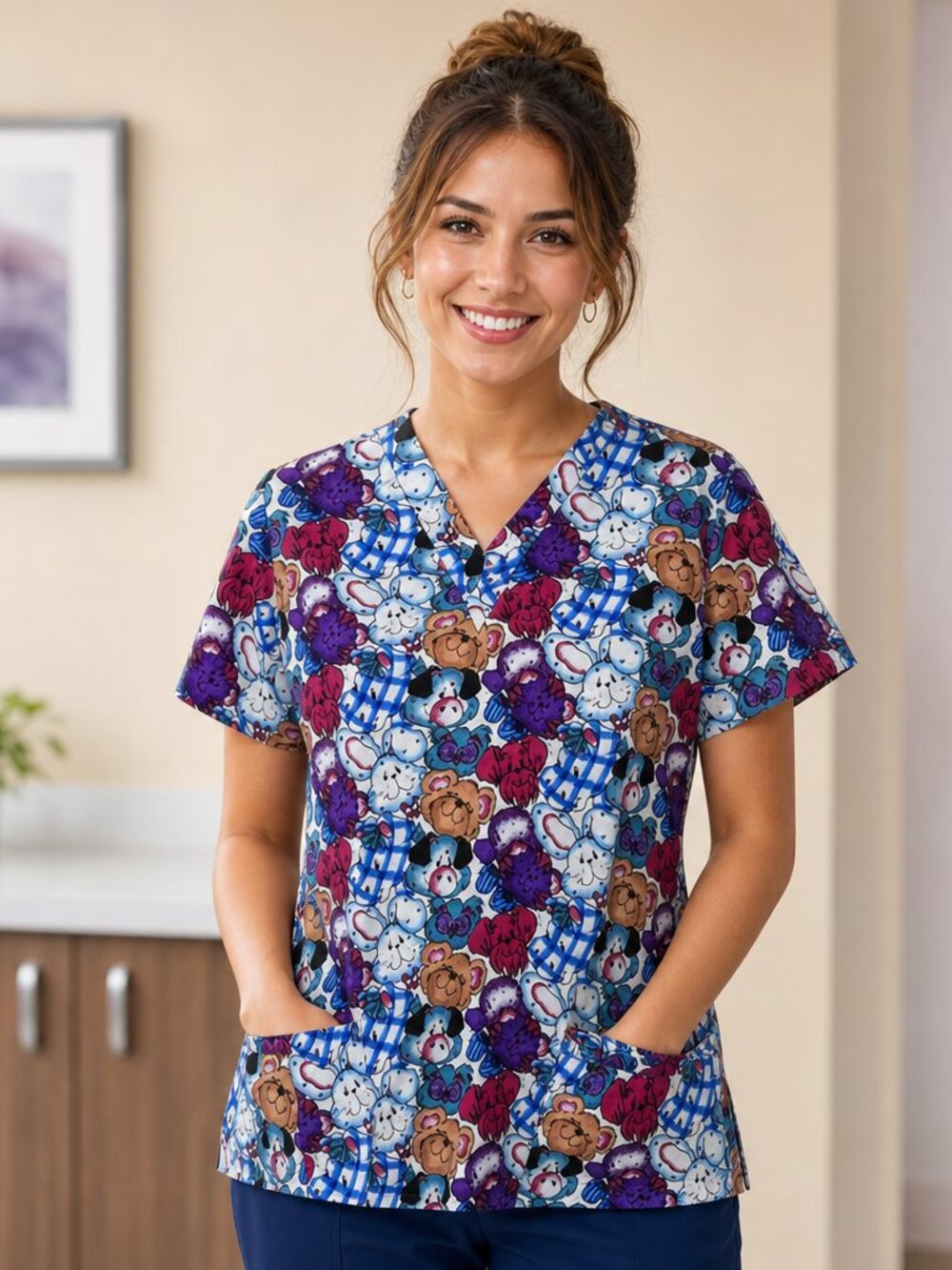 NWT Cute Animal Print Medical Scrub Multicolor Top